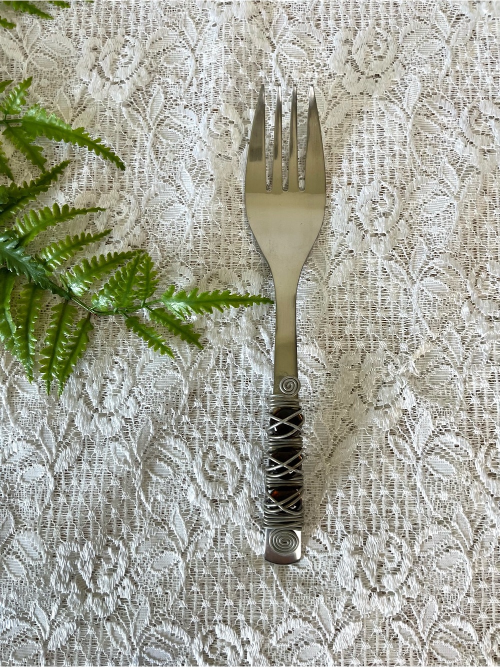 Handcrafted Wire Wrapped Amber Glass Serving Fork 10”